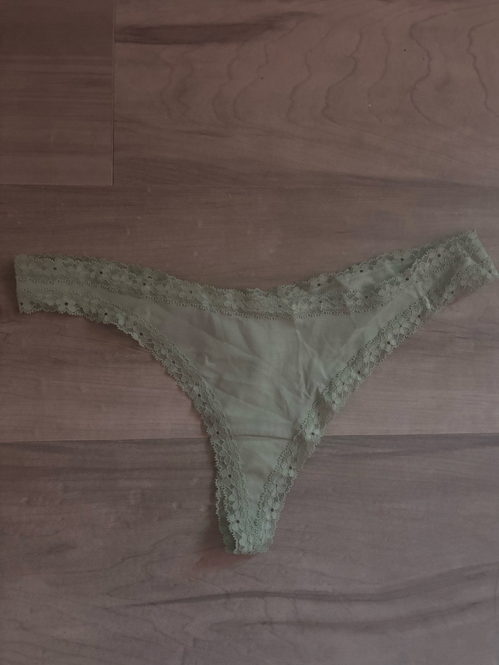 Lace-Trim Thong Panty in Olive Green